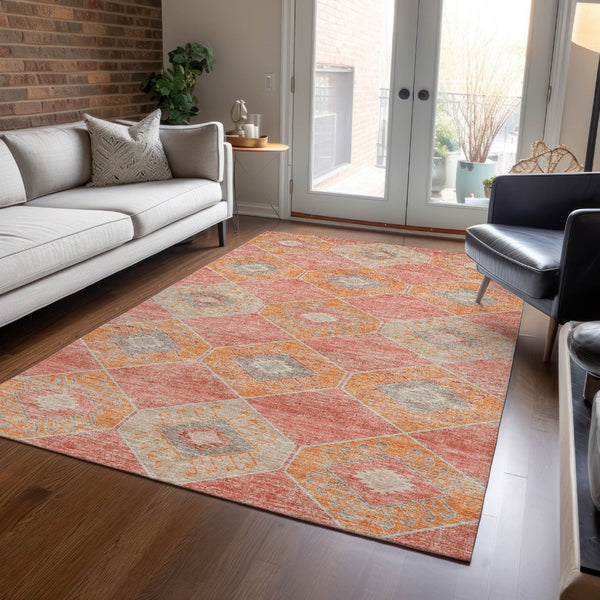 HomeRoots 5' Coral and Gray Aztec Washable Area Rug - Durable, Stylish, and Easy-Care for Indoor & Outdoor Use 5' X 8' 623025