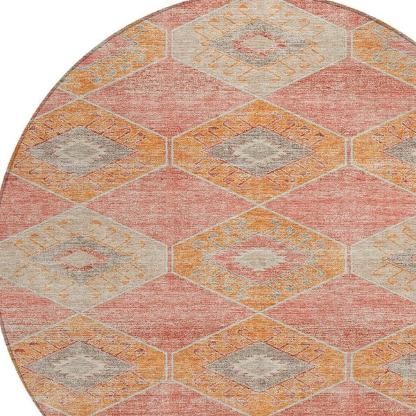 HomeRoots 5' Coral and Gray Aztec Washable Area Rug - Durable, Stylish, and Easy-Care for Indoor & Outdoor Use 8' Round 623026