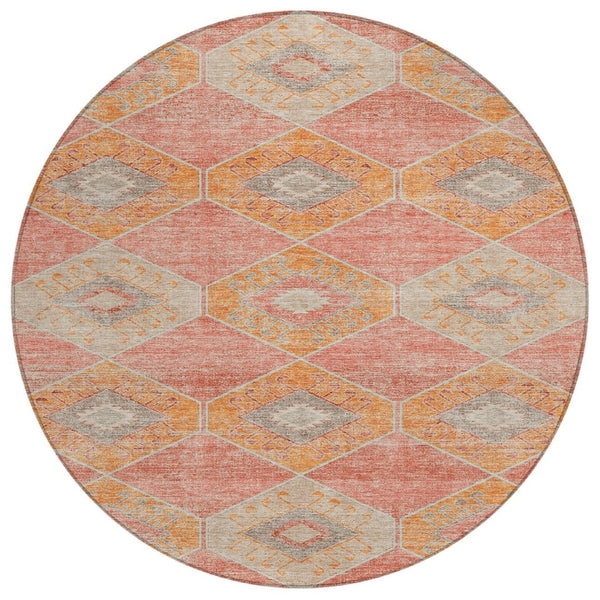 HomeRoots 5' Coral and Gray Aztec Washable Area Rug - Durable, Stylish, and Easy-Care for Indoor & Outdoor Use 8' Round 623026