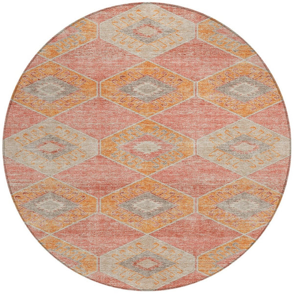 HomeRoots 5' Coral and Gray Aztec Washable Area Rug - Durable, Stylish, and Easy-Care for Indoor & Outdoor Use 8' Round 623026