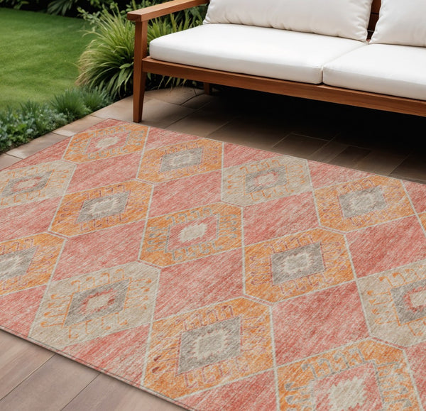 HomeRoots 5' Coral and Gray Aztec Washable Area Rug - Durable, Stylish, and Easy-Care for Indoor & Outdoor Use 8' X 10' 623027