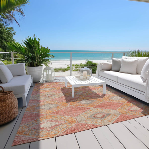 HomeRoots 5' Coral and Gray Aztec Washable Area Rug - Durable, Stylish, and Easy-Care for Indoor & Outdoor Use 10' X 14' 623029