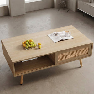 English Elm 41.34" Woven Rattan Coffee Table with Sliding Storage Door and Solid Wood Legs W126573113