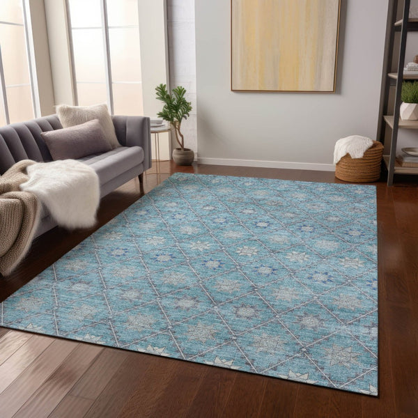 HomeRoots 5' Stunning Teal Blue and Gray Floral Indoor-Outdoor Area Rug for Timeless Style and Durability 5' X 8' 623067
