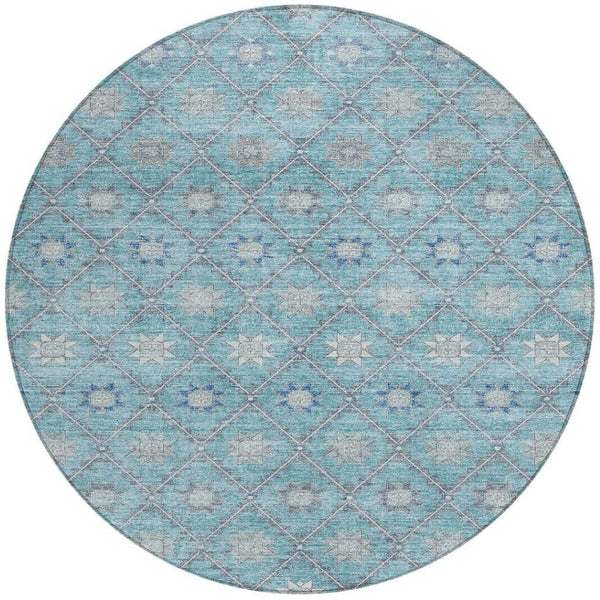 HomeRoots 5' Stunning Teal Blue and Gray Floral Indoor-Outdoor Area Rug for Timeless Style and Durability 8' Round 623068