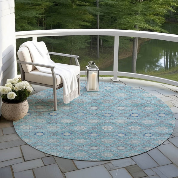 HomeRoots 5' Stunning Teal Blue and Gray Floral Indoor-Outdoor Area Rug for Timeless Style and Durability 8' Round 623068