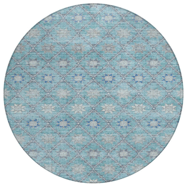 HomeRoots 5' Stunning Teal Blue and Gray Floral Indoor-Outdoor Area Rug for Timeless Style and Durability 8' Round 623068