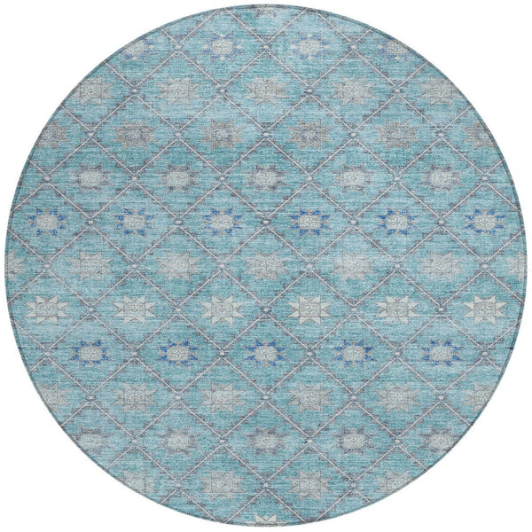 HomeRoots 5' Stunning Teal Blue and Gray Floral Indoor-Outdoor Area Rug for Timeless Style and Durability 8' Round 623068