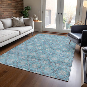 HomeRoots 5' Stunning Teal Blue and Gray Floral Indoor-Outdoor Area Rug for Timeless Style and Durability 8' X 10' 623069