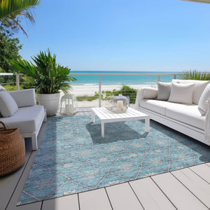 HomeRoots 5' Stunning Teal Blue and Gray Floral Indoor-Outdoor Area Rug for Timeless Style and Durability 9' X 12' 623070