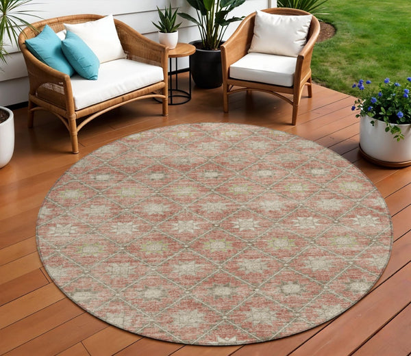 HomeRoots 5' Terra Cotta and Beige Floral Area Rug - Stylish, Washable, Durable for Indoor and Outdoor Spaces 8' Round 623074