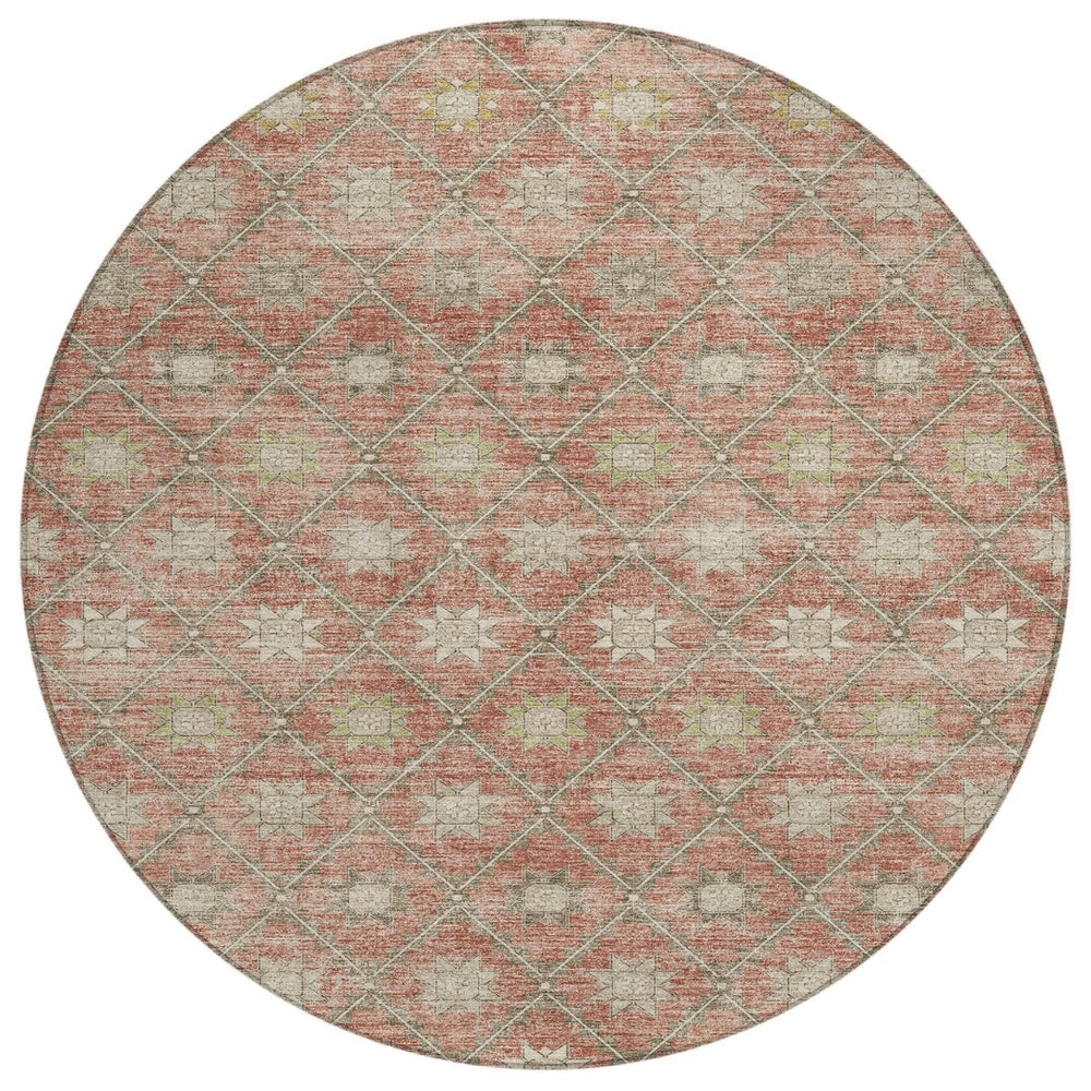 HomeRoots 5' Terra Cotta and Beige Floral Area Rug - Stylish, Washable, Durable for Indoor and Outdoor Spaces 8' Round 623074