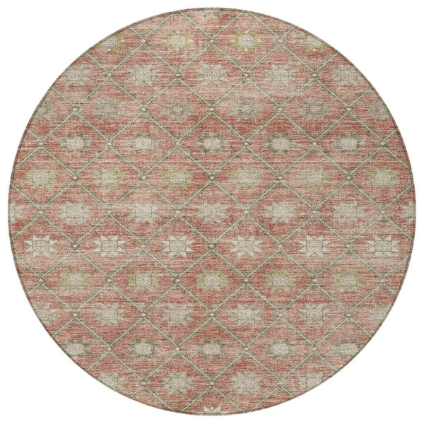 HomeRoots 5' Terra Cotta and Beige Floral Area Rug - Stylish, Washable, Durable for Indoor and Outdoor Spaces 8' Round 623074
