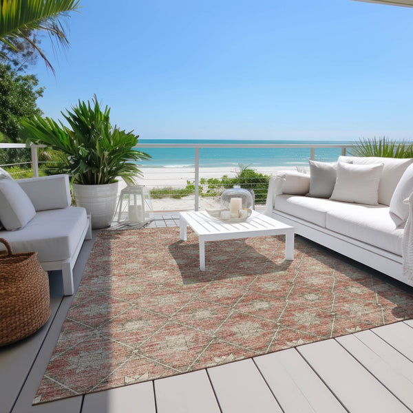 HomeRoots 5' Terra Cotta and Beige Floral Area Rug - Stylish, Washable, Durable for Indoor and Outdoor Spaces 10' X 14' 623077