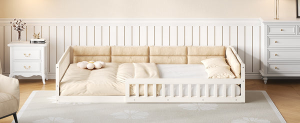 English Elm Wood Full Size Upholstered Platform Bed with Guardrail and Head Pillow, Sleek Silhouette, Sturdy 600lb Capacity Beige WF323090AAA