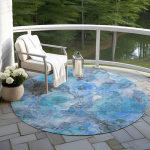 HomeRoots 5' Blue and Gray Floral Area Rug - Durable, Washable Indoor/Outdoor Design for Timeless Elegance 8' Round 623080