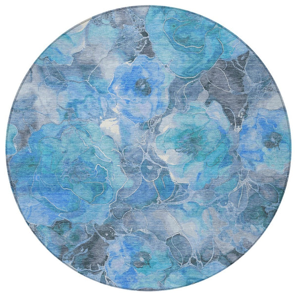 HomeRoots 5' Blue and Gray Floral Area Rug - Durable, Washable Indoor/Outdoor Design for Timeless Elegance 8' Round 623080