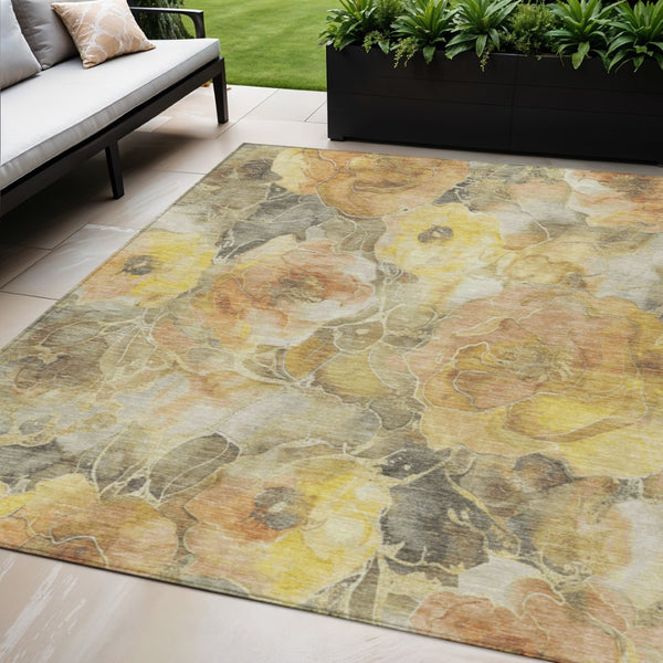 HomeRoots 5' Elegant Gold and Gray Floral Area Rug - Durable, Washable Design for Indoor and Outdoor Spaces 5' X 8' 623085