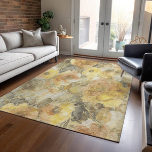 HomeRoots 5' Elegant Gold and Gray Floral Area Rug - Durable, Washable Design for Indoor and Outdoor Spaces 5' X 8' 623085