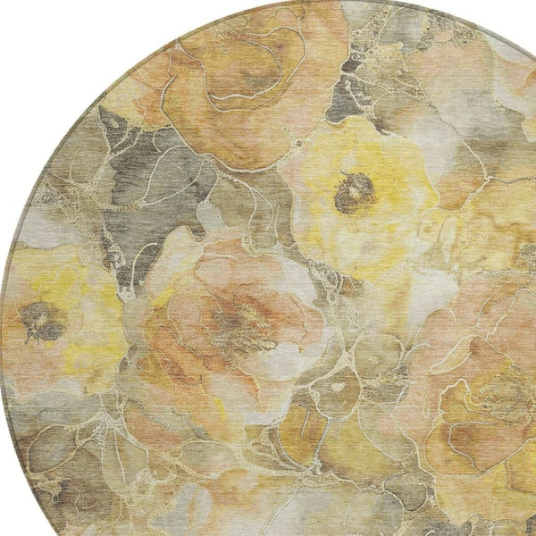 HomeRoots 5' Elegant Gold and Gray Floral Area Rug - Durable, Washable Design for Indoor and Outdoor Spaces 8' Round 623086