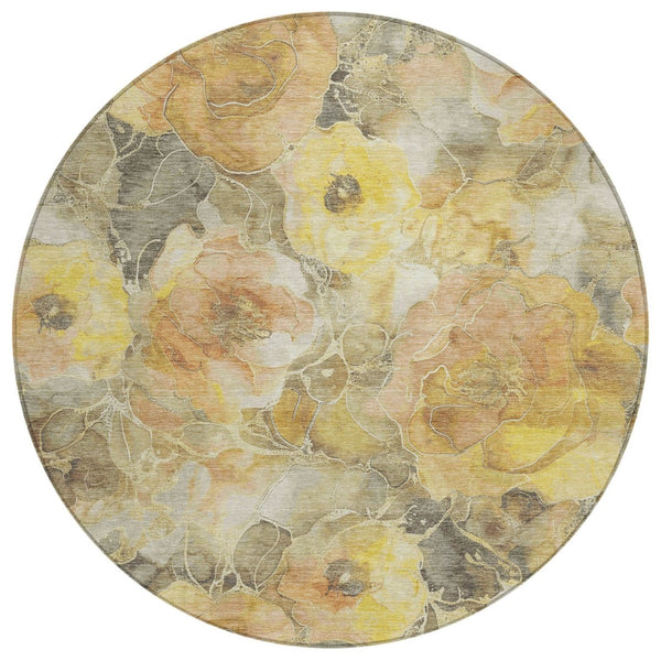 HomeRoots 5' Elegant Gold and Gray Floral Area Rug - Durable, Washable Design for Indoor and Outdoor Spaces 8' Round 623086