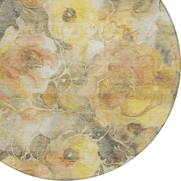 HomeRoots 5' Elegant Gold and Gray Floral Area Rug - Durable, Washable Design for Indoor and Outdoor Spaces 8' Round 623086