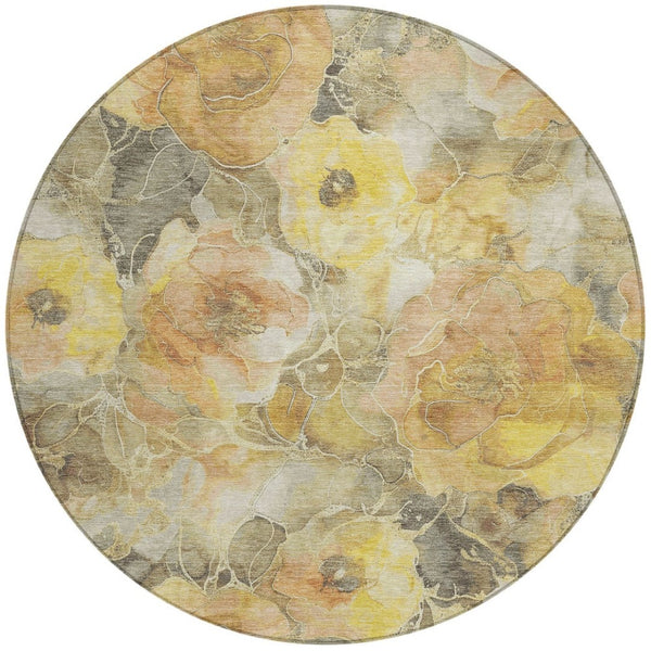 HomeRoots 5' Elegant Gold and Gray Floral Area Rug - Durable, Washable Design for Indoor and Outdoor Spaces 8' Round 623086