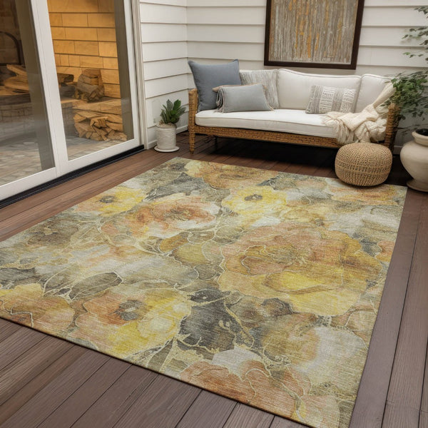 HomeRoots 5' Elegant Gold and Gray Floral Area Rug - Durable, Washable Design for Indoor and Outdoor Spaces 10' X 14' 623089