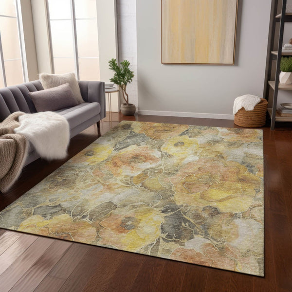 HomeRoots 5' Elegant Gold and Gray Floral Area Rug - Durable, Washable Design for Indoor and Outdoor Spaces 10' X 14' 623089