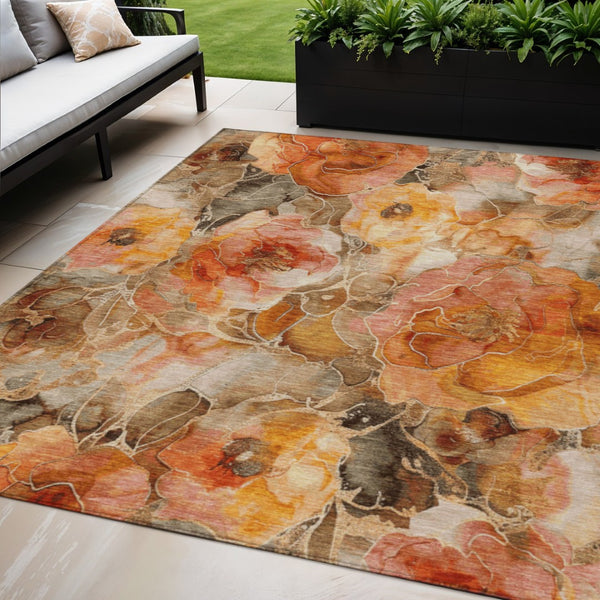 HomeRoots 5' Durable Orange and Gray Floral Area Rug - Machine Washable for Easy Care in Indoor or Outdoor Spaces 5' X 8' 623091