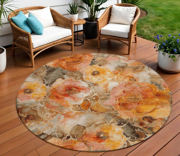 HomeRoots 5' Durable Orange and Gray Floral Area Rug - Machine Washable for Easy Care in Indoor or Outdoor Spaces 8' Round 623092