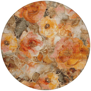 HomeRoots 5' Durable Orange and Gray Floral Area Rug - Machine Washable for Easy Care in Indoor or Outdoor Spaces 8' Round 623092