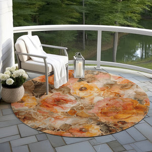 HomeRoots 5' Durable Orange and Gray Floral Area Rug - Machine Washable for Easy Care in Indoor or Outdoor Spaces 8' Round 623092