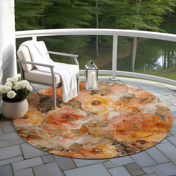 HomeRoots 5' Durable Orange and Gray Floral Area Rug - Machine Washable for Easy Care in Indoor or Outdoor Spaces 8' Round 623092