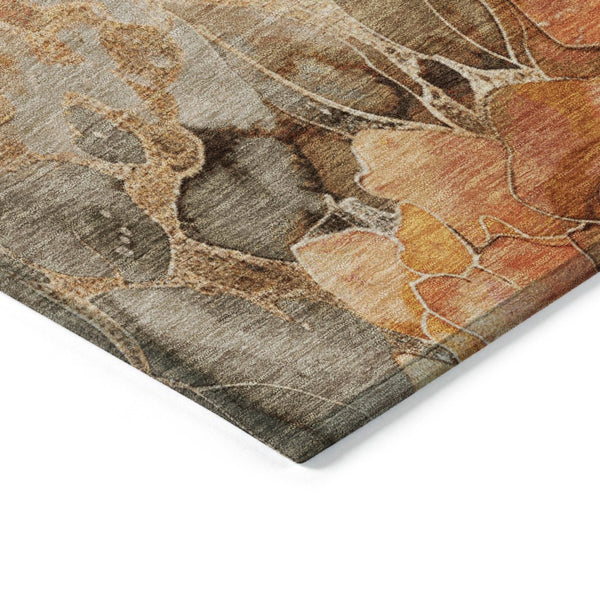 HomeRoots 5' Durable Orange and Gray Floral Area Rug - Machine Washable for Easy Care in Indoor or Outdoor Spaces 8' Round 623092
