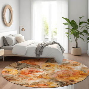HomeRoots 5' Durable Orange and Gray Floral Area Rug - Machine Washable for Easy Care in Indoor or Outdoor Spaces 8' Round 623092