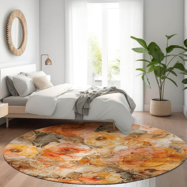 HomeRoots 5' Durable Orange and Gray Floral Area Rug - Machine Washable for Easy Care in Indoor or Outdoor Spaces 8' Round 623092