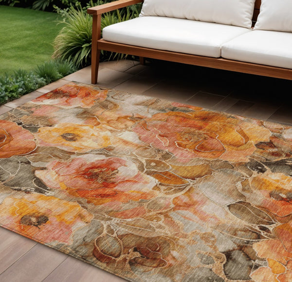 HomeRoots 5' Durable Orange and Gray Floral Area Rug - Machine Washable for Easy Care in Indoor or Outdoor Spaces 8' X 10' 623093