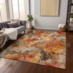HomeRoots 5' Durable Orange and Gray Floral Area Rug - Machine Washable for Easy Care in Indoor or Outdoor Spaces 9' X 12' 623094