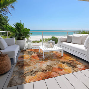 HomeRoots 5' Durable Orange and Gray Floral Area Rug - Machine Washable for Easy Care in Indoor or Outdoor Spaces 9' X 12' 623094