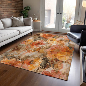 HomeRoots 5' Durable Orange and Gray Floral Area Rug - Machine Washable for Easy Care in Indoor or Outdoor Spaces 10' X 14' 623095