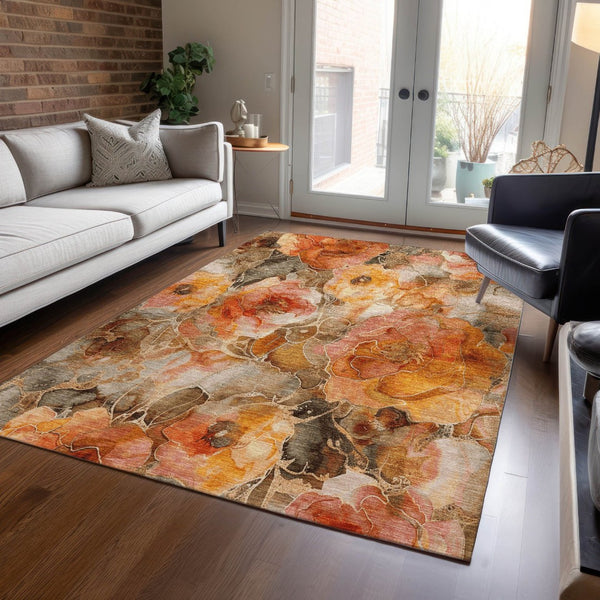 HomeRoots 5' Durable Orange and Gray Floral Area Rug - Machine Washable for Easy Care in Indoor or Outdoor Spaces 10' X 14' 623095