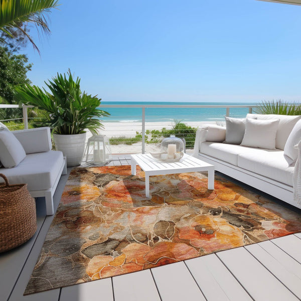 HomeRoots 5' Durable Orange and Gray Floral Area Rug - Machine Washable for Easy Care in Indoor or Outdoor Spaces 10' X 14' 623095