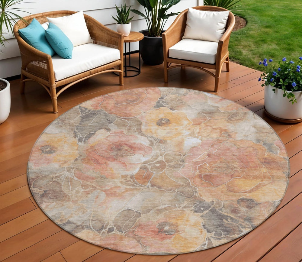 HomeRoots 5' Peach and Gray Floral Washable Area Rug - Durable Indoor/Outdoor Accent for Stylish Spaces 8' Round 623098