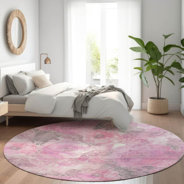 HomeRoots 5' Pink and Gray Floral Area Rug - Durable, Washable Design for Indoor and Outdoor Charm and Style 8' Round 623104
