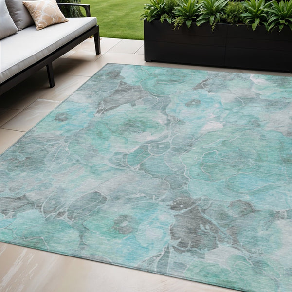 HomeRoots 5' Timeless Teal Blue and Gray Floral Indoor Outdoor Area Rug for Stylish Living Spaces & Patios 5' X 8' 623109