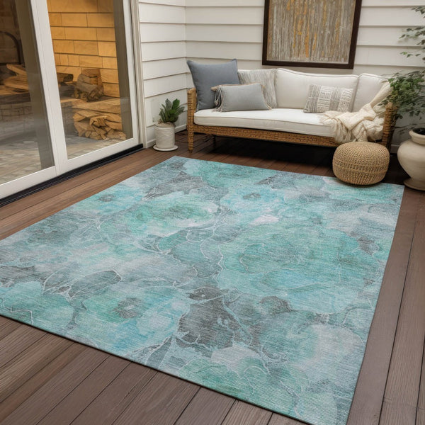 HomeRoots 5' Timeless Teal Blue and Gray Floral Indoor Outdoor Area Rug for Stylish Living Spaces & Patios 5' X 8' 623109