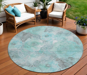 HomeRoots 5' Timeless Teal Blue and Gray Floral Indoor Outdoor Area Rug for Stylish Living Spaces & Patios 8' Round 623110