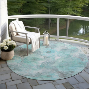 HomeRoots 5' Timeless Teal Blue and Gray Floral Indoor Outdoor Area Rug for Stylish Living Spaces & Patios 8' Round 623110