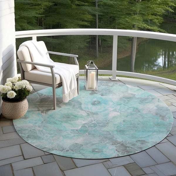 HomeRoots 5' Timeless Teal Blue and Gray Floral Indoor Outdoor Area Rug for Stylish Living Spaces & Patios 8' Round 623110